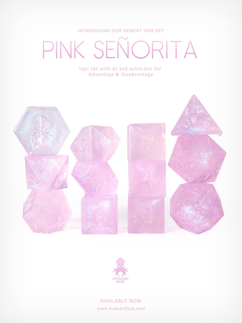 RAW Pink Senorita 12pc Glitter RPG Dice Set